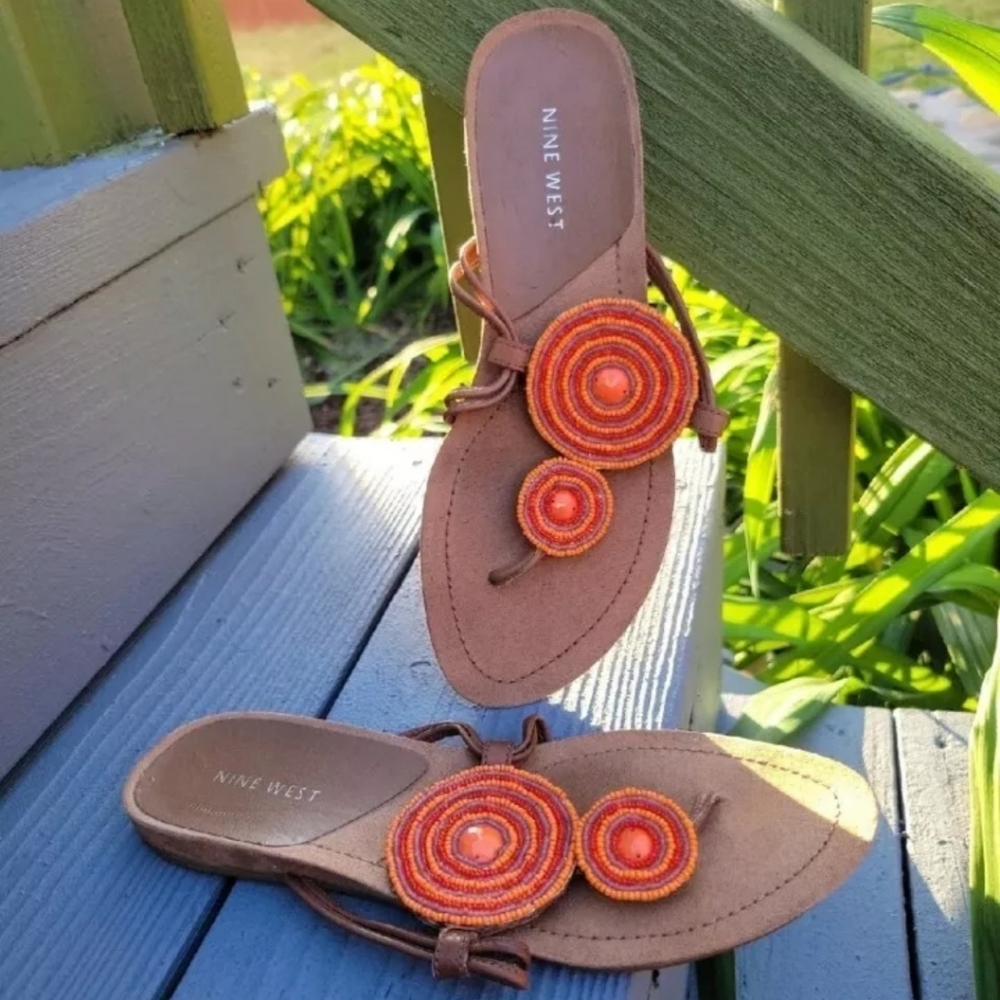NINE WEST Hippie BeadedLeather Boho Flats Sandals Brown-Orange size7.5 M